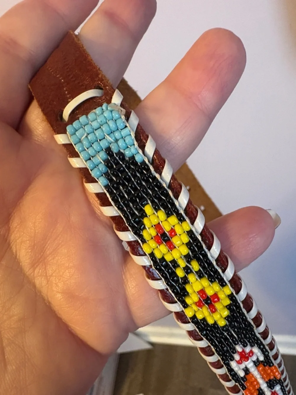 Leather Genuine Cowhide Brown Western Southwestern Beaded Native American Belt
